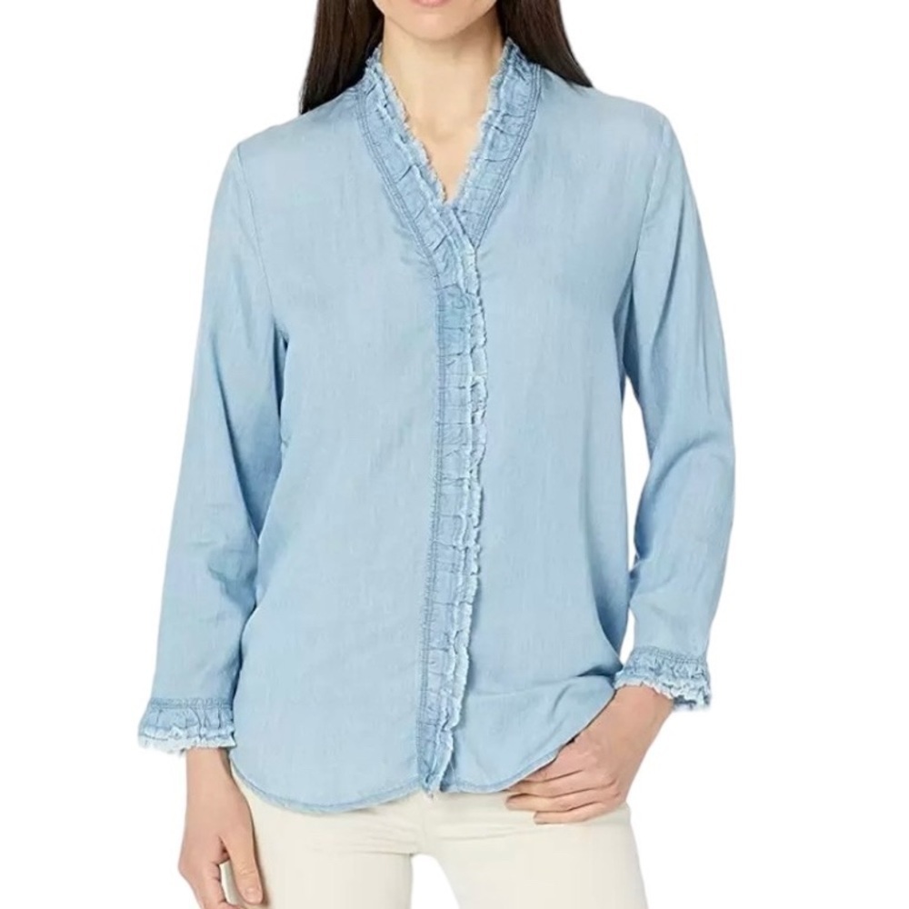 Nic+Zoe Ruffled Up Denim Shirt Button Down Blue XS New